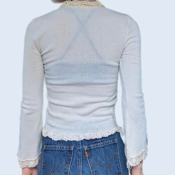 Vintage 70's Crotchet Trim Long Sleeve Blouse - Picture 2 of 5